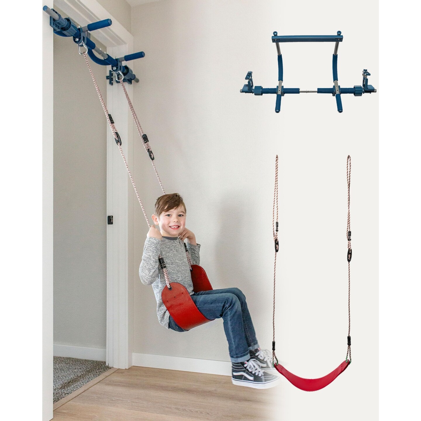 Gym1 2-Piece Doorway Swing Set Includes Sensory Swing for Kids, Indoor Pull Up Bar for Adults for Indoor Fun &#x26; Fitness, Holds Up to 300 Lbs, Red