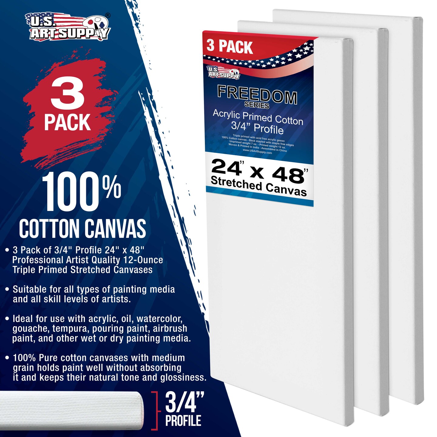 24 x 48 inch Stretched Canvas 12-Ounce Triple Primed, 3-Pack - Professional Artist Quality White Blank 3/4&#x22; Profile, 100% Cotton, Heavy-Weight Gesso