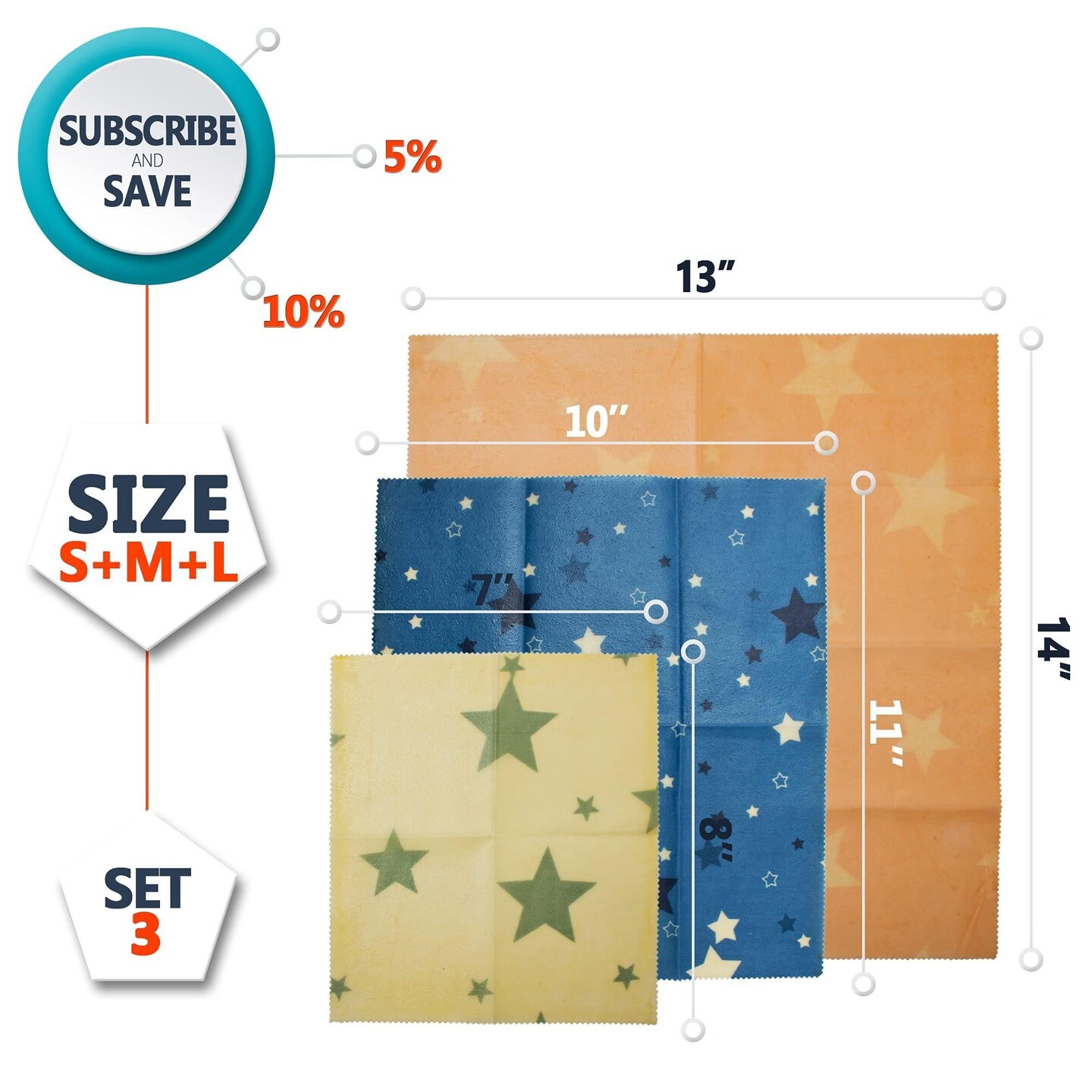 Beeswax Food Wraps with Stars Print S M L Pack of 3 Organic Beeswax Wraps for Food Storage Safe for Food Washable and Reusable Beeswax Wrap Ecological Bees Wrap Reusable Food Wrap
