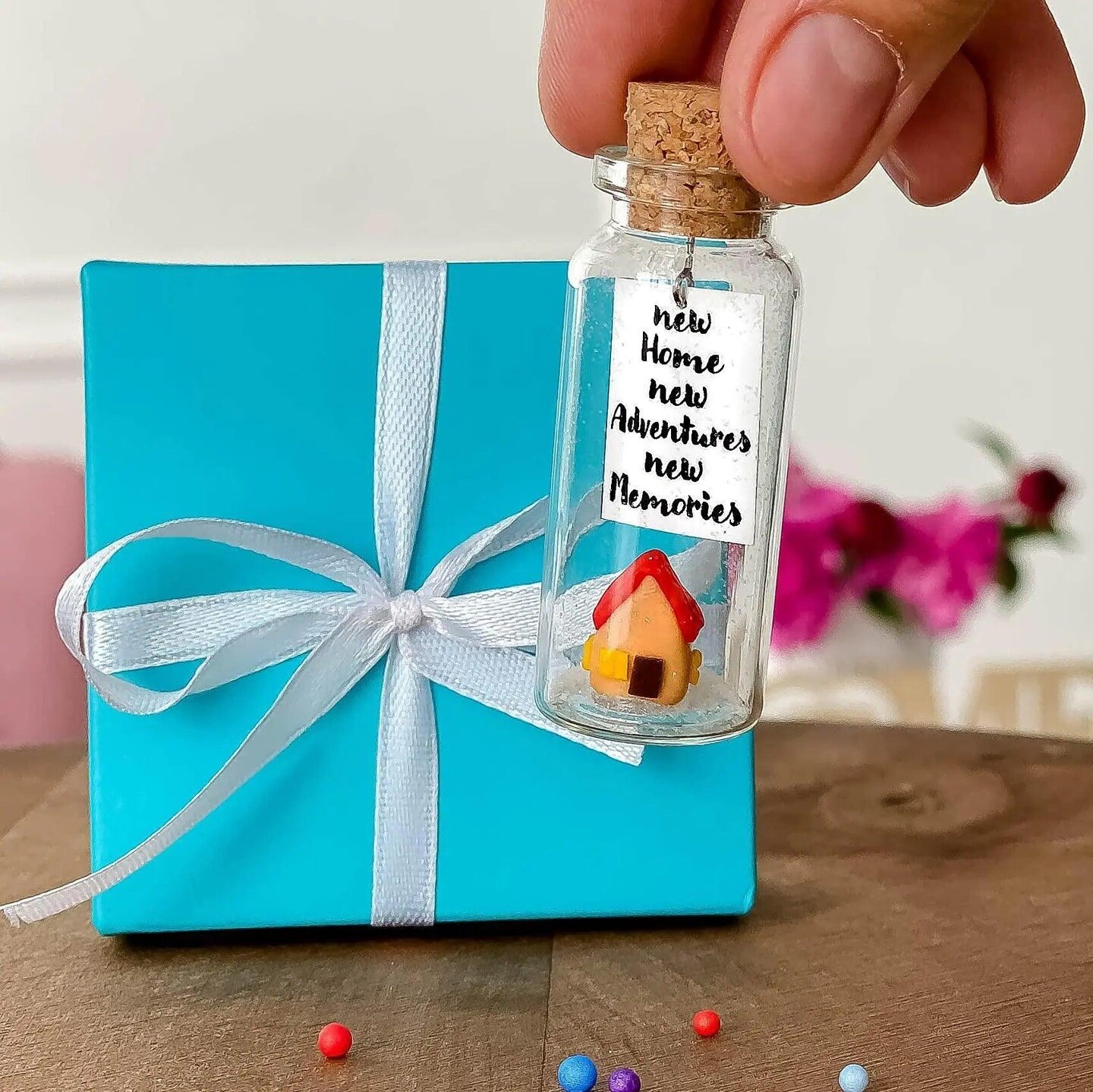 Tiny Magical Message in a Bottle Gift Idea Classy Inspirational Gifts for Him and Her Unique Presents for Women and Men (Colorful House New Home New Adventures New Memories in Teal Gift Box)