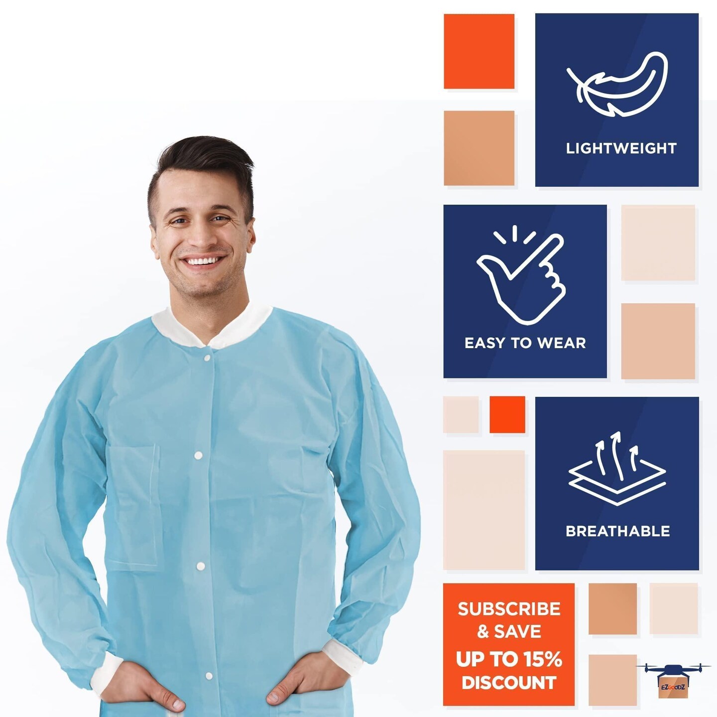 Disposable Lab Coat Small Pack of 10 Sky Blue Disposable Lab Coats for Adults SPP 45 GSM Painting Lab Coat Disposable Unisex Plastic Lab Coats with Snaps Knit Cuffs Collar 3 Pockets