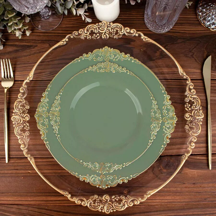 10 DUSTY SAGE GOLD 8&#x22; Round Plastic Salad Dinner PLATES