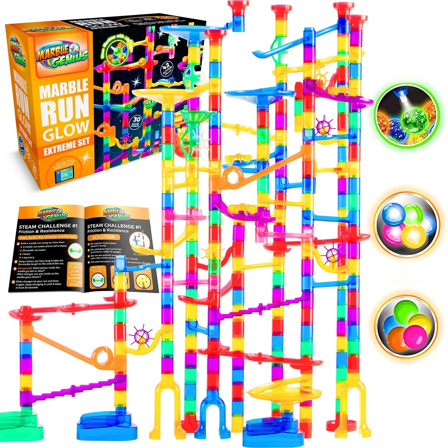 Marble Genius Marble Glow Run Race Track Set - 300 pcs, Glow in the Dark, STEM Educational Building Block, Instruction App Access, Color Instruction Manual, Great Easter Gifts for Kids, Extreme Set