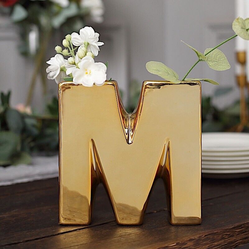 GOLD 6&#x22; Ceramic M Symbol Flower VASE Table Centerpiece