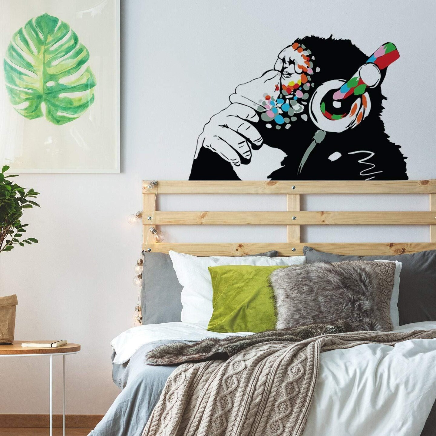Banksy Thinking Monkey Sticker   Art Vinyl Street Dj Baksy Wall Decal   Headphones Chimp Music Thinker Graffiti Mural   Boy Smart Decals