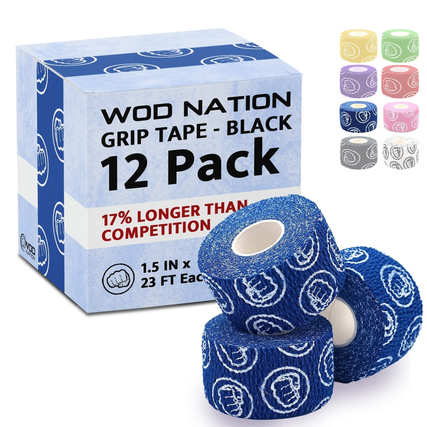 WOD Nation Weightlifting Hook Grip Tape - Bulk 12 Pack (23ft/Roll) Comfortable &#x26; Stretchy Athletic Thumb Tape for Weight Lifting &#x26; Cross Training - Protect Thumb, Wrist &#x26; Finger (Blue)