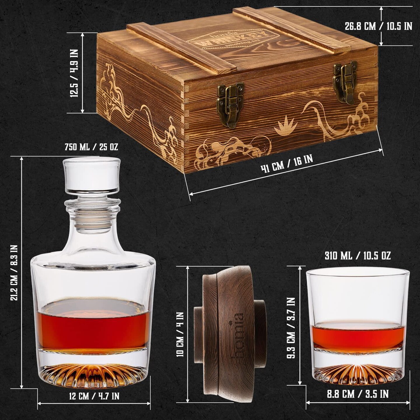 homia Whiskey Gift Set 14 pcs  Whiskey Bottle and Old Fashioned Glasses  2 pcs Cocktail Smoker in Wodden Box with Wood Chips Whickey Stones 6 pcs included  Gift for Men (Torch Not included)