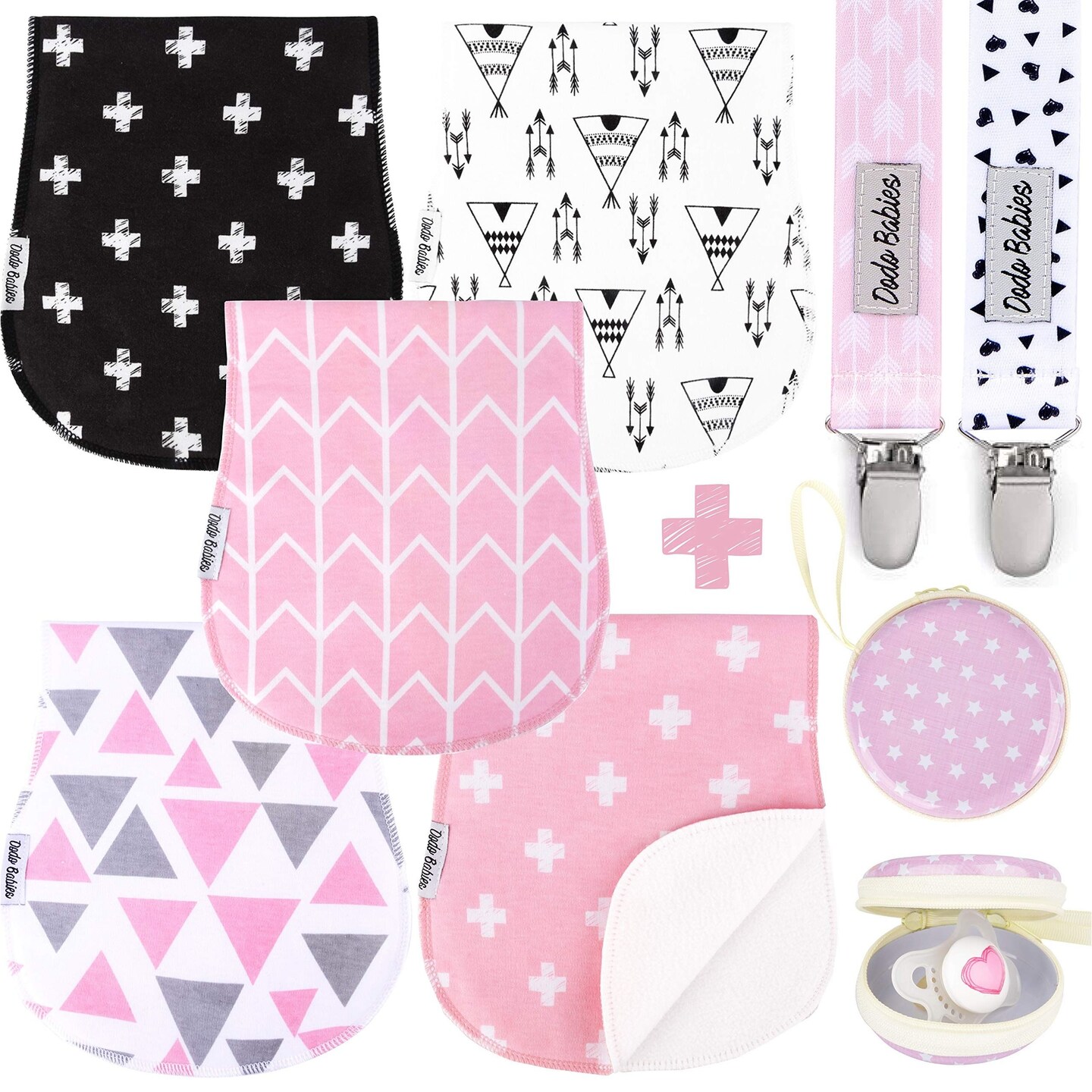 Dodo Babies 5-Pack Baby Burp Cloths - Soft, Absorbent Cotton Burp Cloths - Includes Pacifier Case and 2 Pacifier Clips - Colors: Pink, Grey and Black