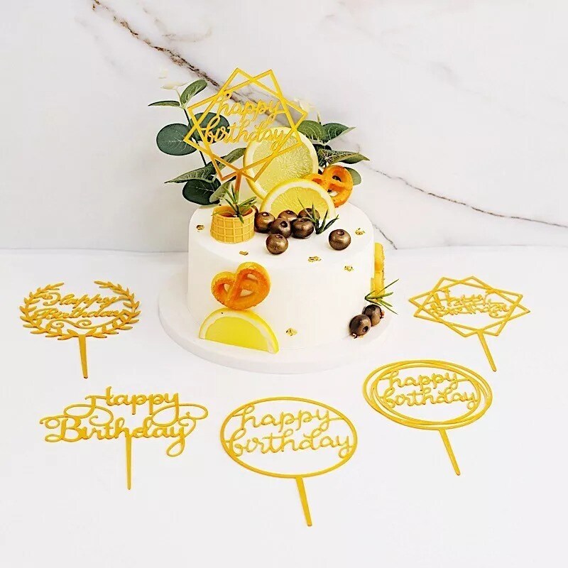 6&#x22; Gold Assorted Acrylic Happy Birthday Cake Toppers