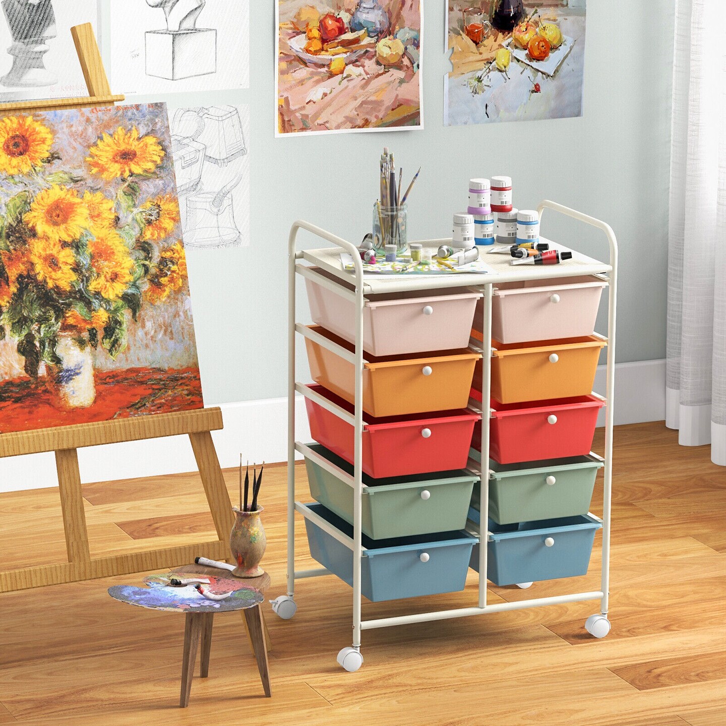 10 Drawer Rolling Storage Cart with Lockable Wheels Metal Frame Organizer for Office Classroom Craft Room Storage