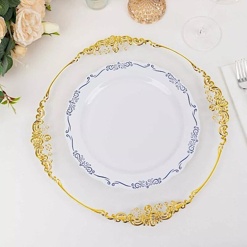 WHITE BLUE 10 Round 10&#x22; Plastic SALAD PLATES Embossed Scalloped Rim