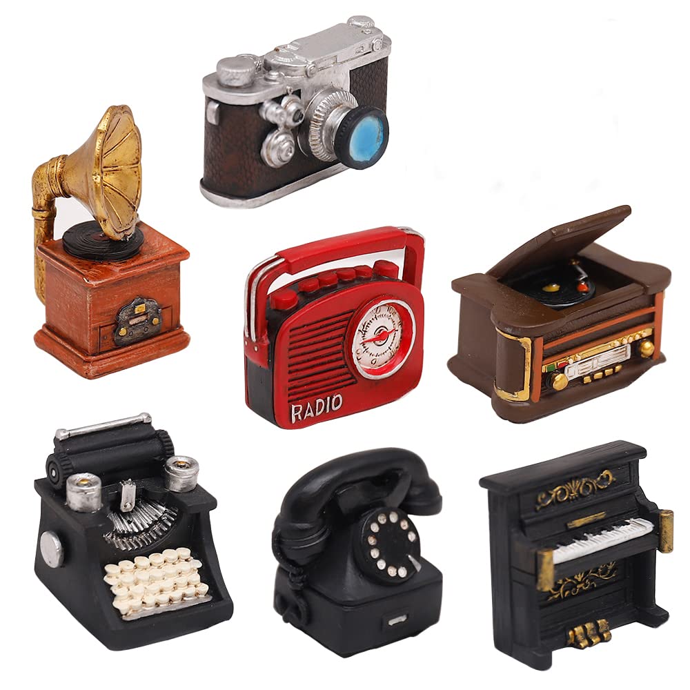 7 Pieces Creative Retro European Resin Figurine for Home Cafe Bar Window Decoration Children Toys and Gift (Incluing Telephones Typewriter Camera Piano Phonograph Radio and Sound player)