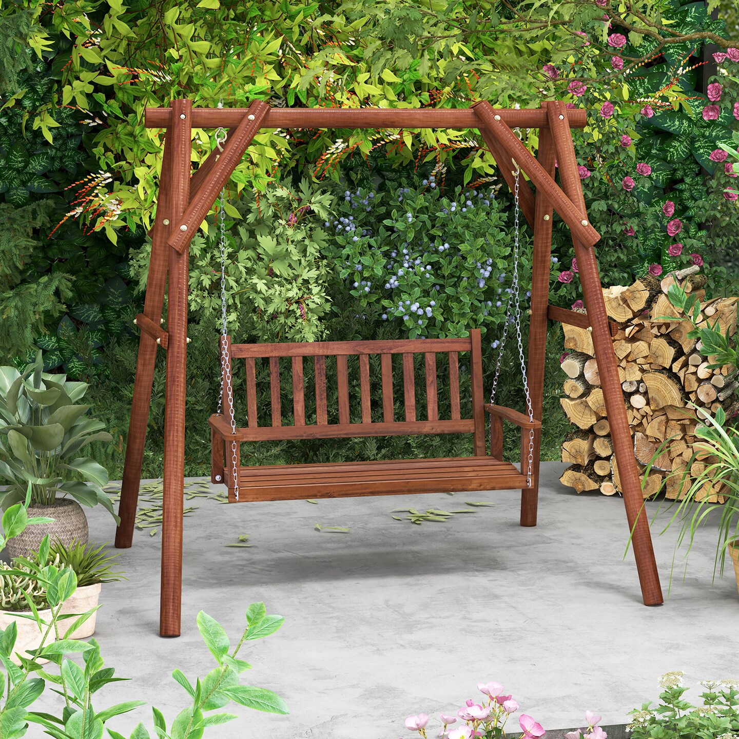 2-Person Wooden Outdoor Porch Swing with Rust-proof Metal Chain