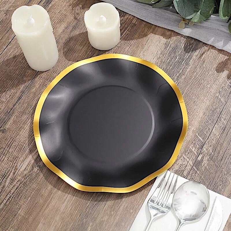 25 Round 8&#x22; BLACK Paper Salad Plates Gold Wavy Rim
