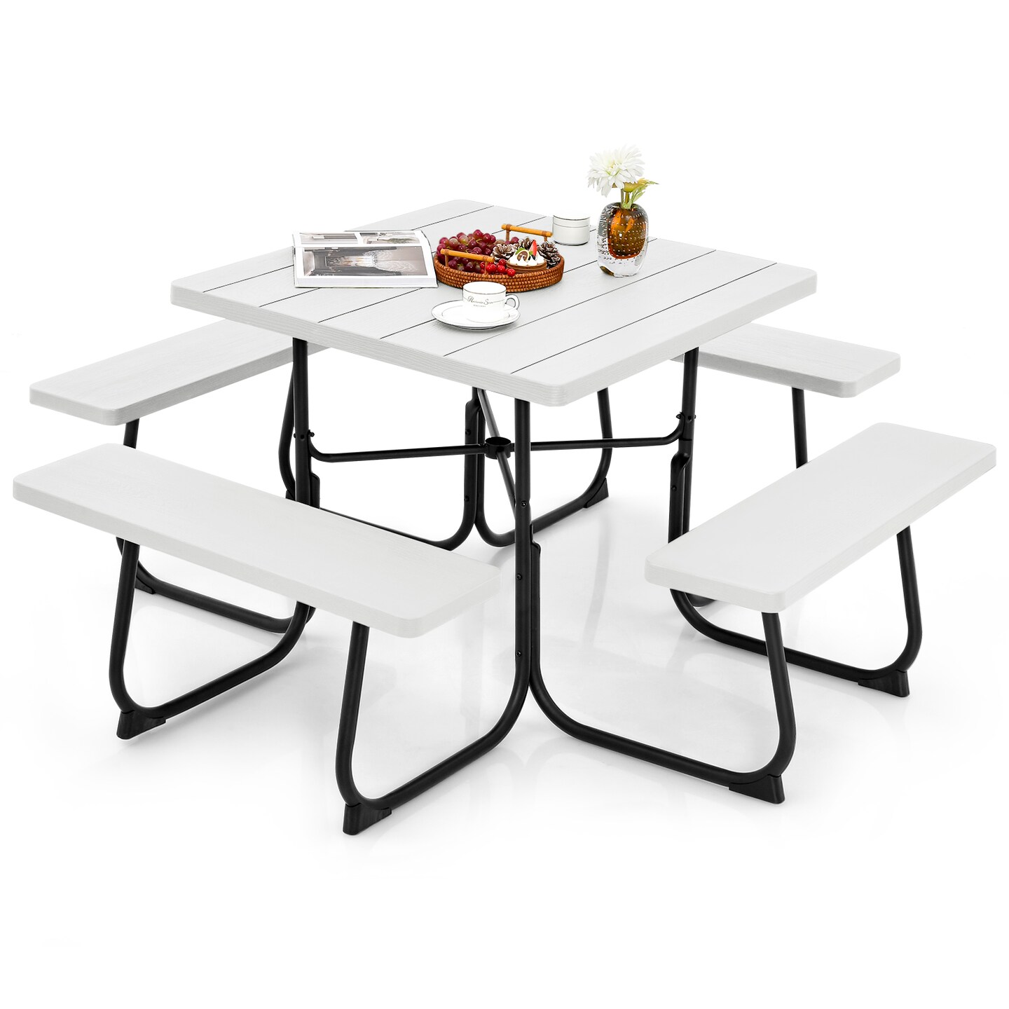 Outdoor Picnic Table With 4 Benches And Umbrella Hole
