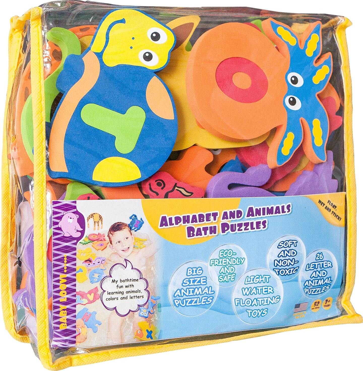 100% Non Toxic Foam Bath Toys Premium Educational Floating Bathtub Preschool Alphabet Letters Animals Fun Bathing for Baby Toddlers Kids Girls Boys Set 26 Puzzles 52 Items