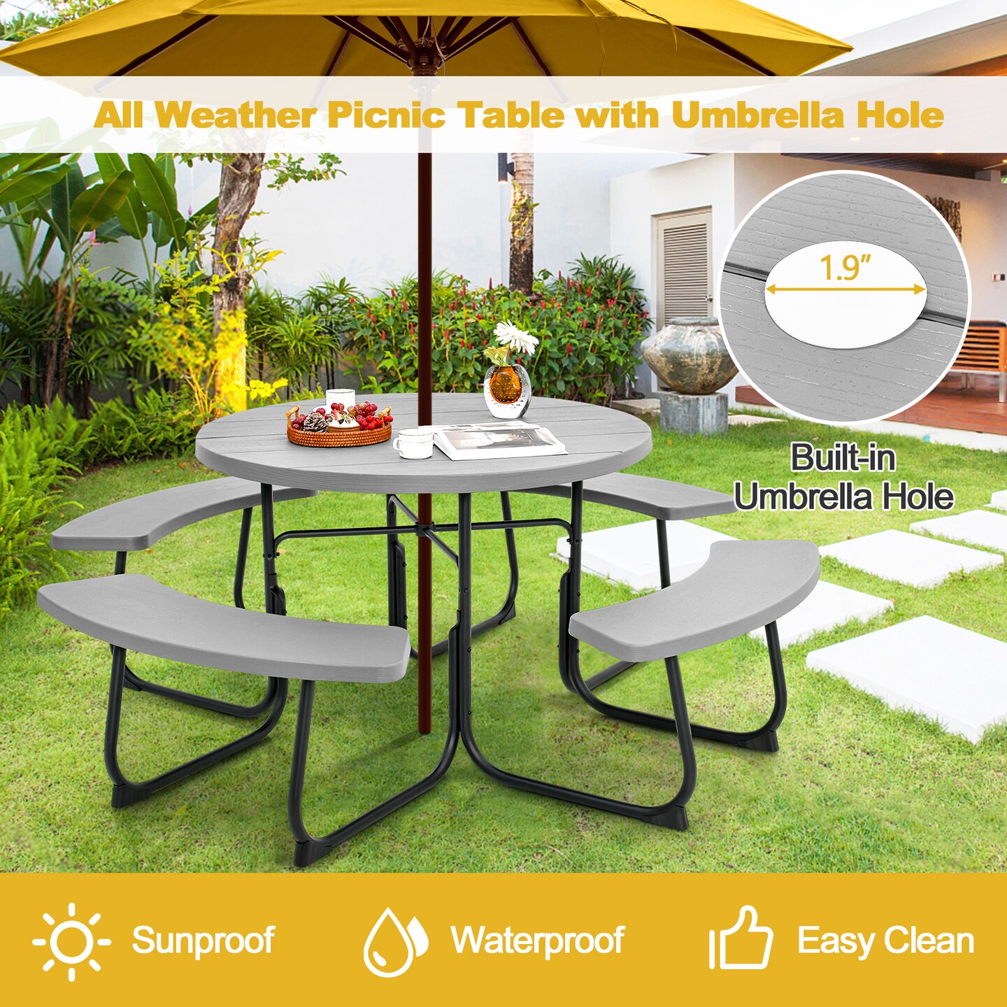 8-person Outdoor Picnic Table And Bench Set With Umbrella Hole