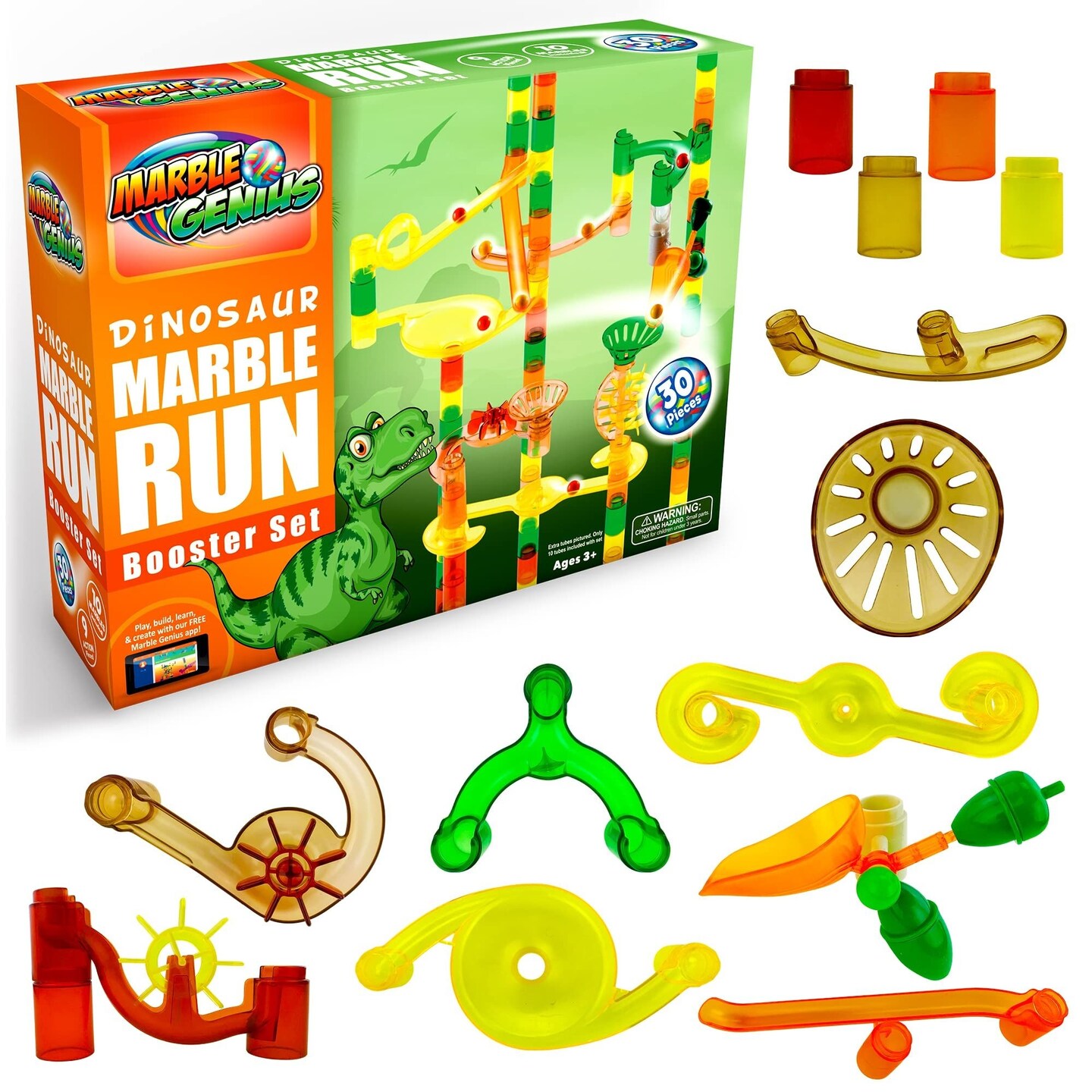 Marble Genius Marble Run Booster Set - 30 Pieces Total (10 Action Pieces Included), Construction Building Blocks Toys for Ages 3 and Above, with Instruction App Access, Add-On Set, Dinosaur
