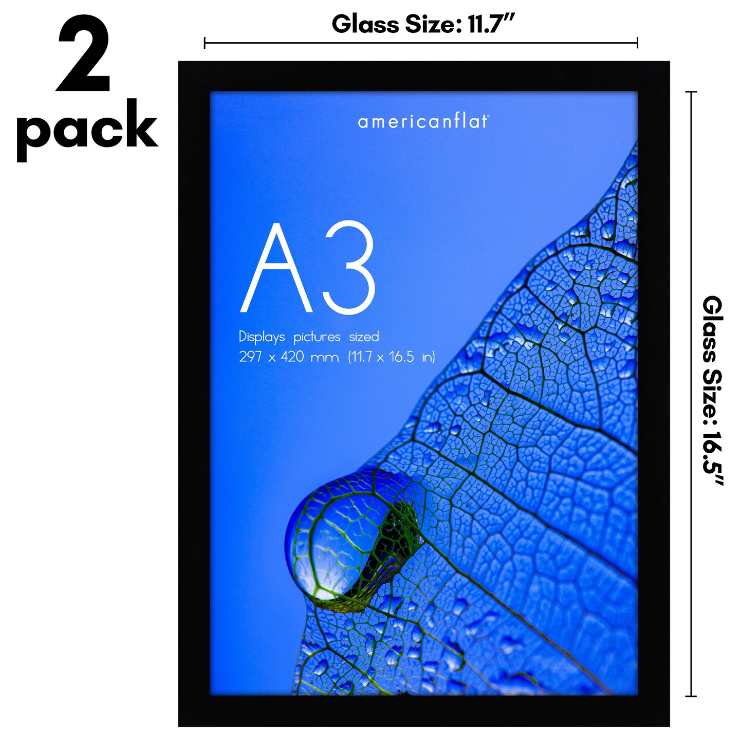 Americanflat A3 A4 Picture Frame - Set of 2 - Poster Frame for Displaying Artwork, Photos, and Documents - Shatter Resistant Glass - Adjustable Hanging Hardware - Includes Easel - Black