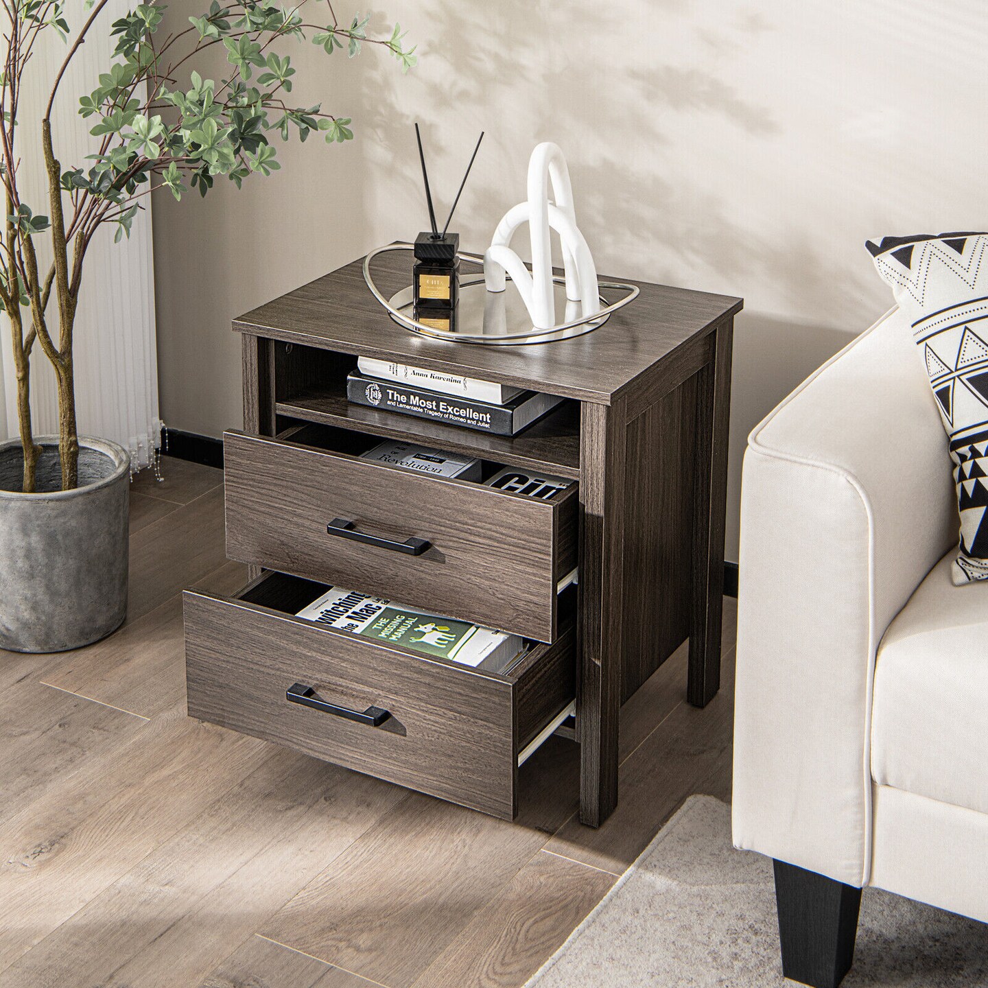 Modern Wood Grain Nightstand With Cable Hole And Open Compartment