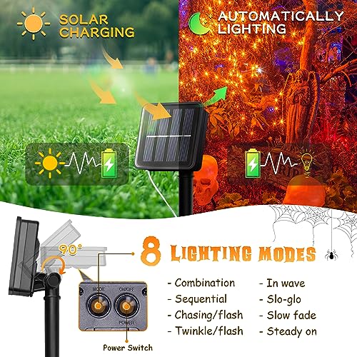 2 Pack  Solar Halloween Lights Outdoor,Each 33Ft 100LED Orange Halloween Lights,Copper Wire Solar Powered Fairy String Lights 8 Modes for Garden,Tree,Thanksgiving,Christmas,Parties,Home Decor