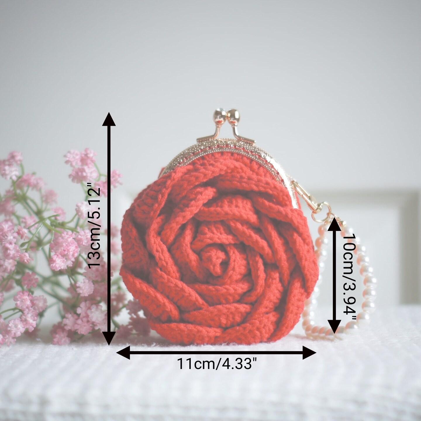 Small Red Rose Purse with Kiss Closure and Pearl Strap, Great for
