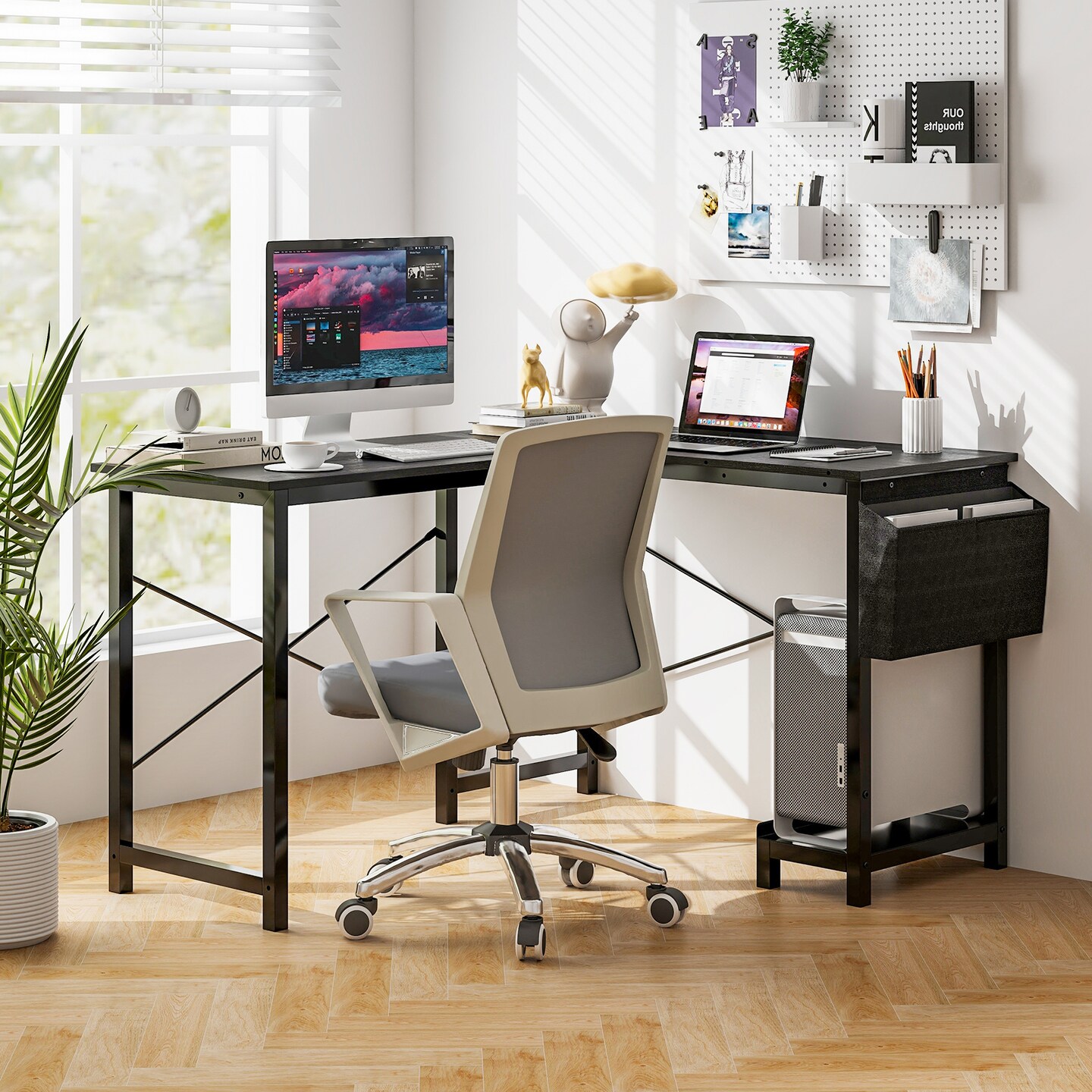 Modern Reversible Computer Desk With Storage Pocket And Cpu Stand For Working Writing Gaming