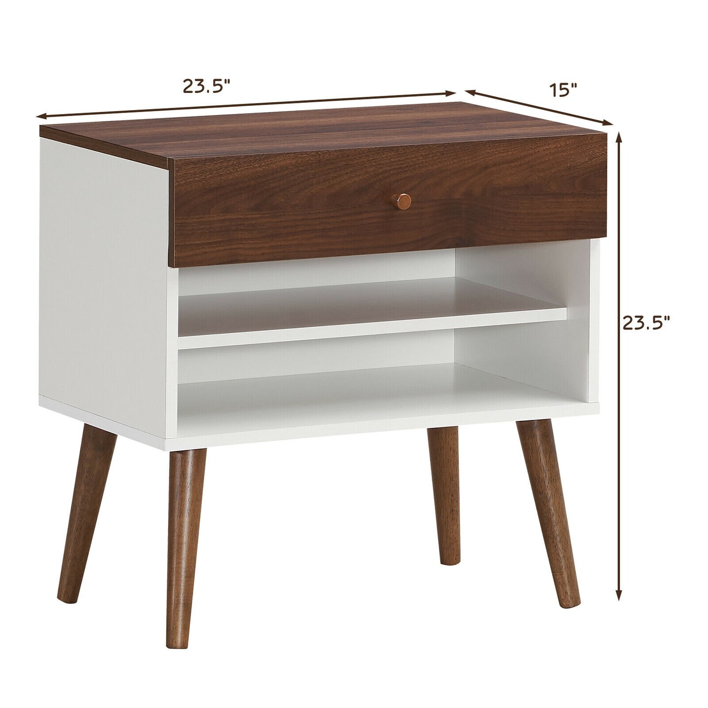 Walnut White Nightstand Engineered Wood Rubber Wood 1 Drawer 2 Open Shelves