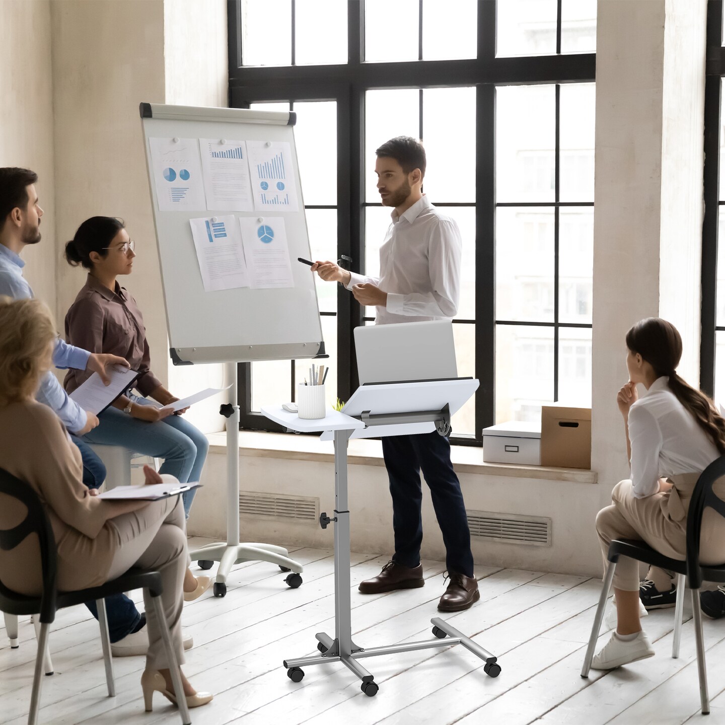 White Adjustable Height Laptop Desk Cart with Tilt Top and Lockable Casters for Work or Study