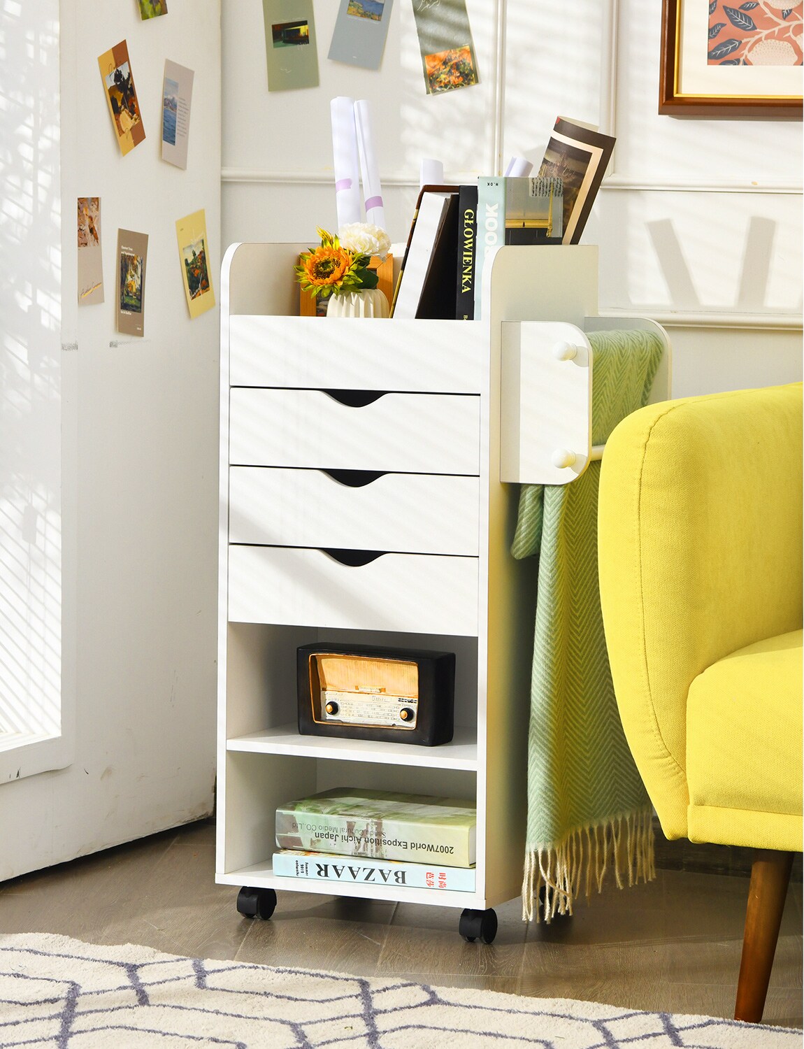 Wooden Utility Rolling Craft Storage Cart With Lockable Casters-white