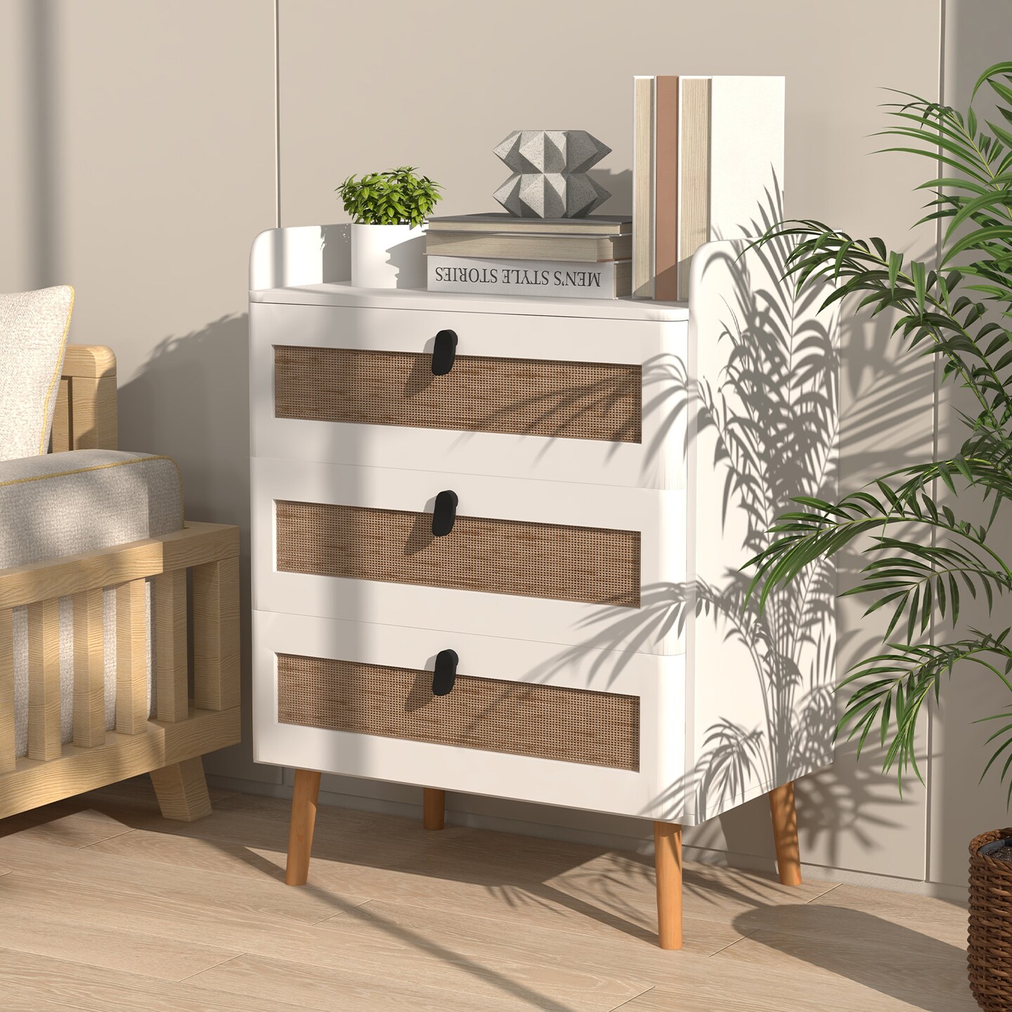 Modern End Table With 3 Rattan Decorated Drawers-White