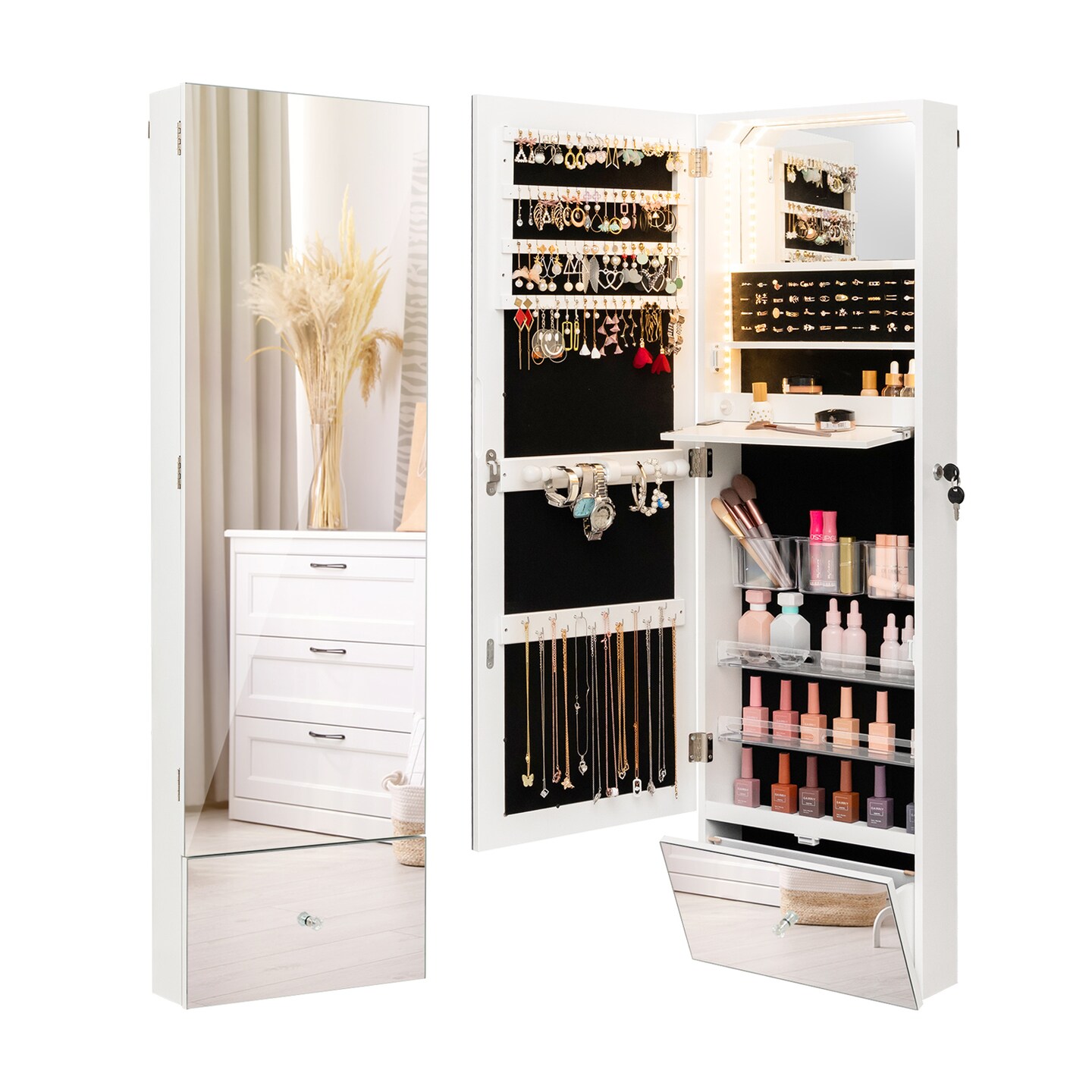 Wall Mounted Jewelry Armoire Organizer With Full-length Frameless Mirror-white