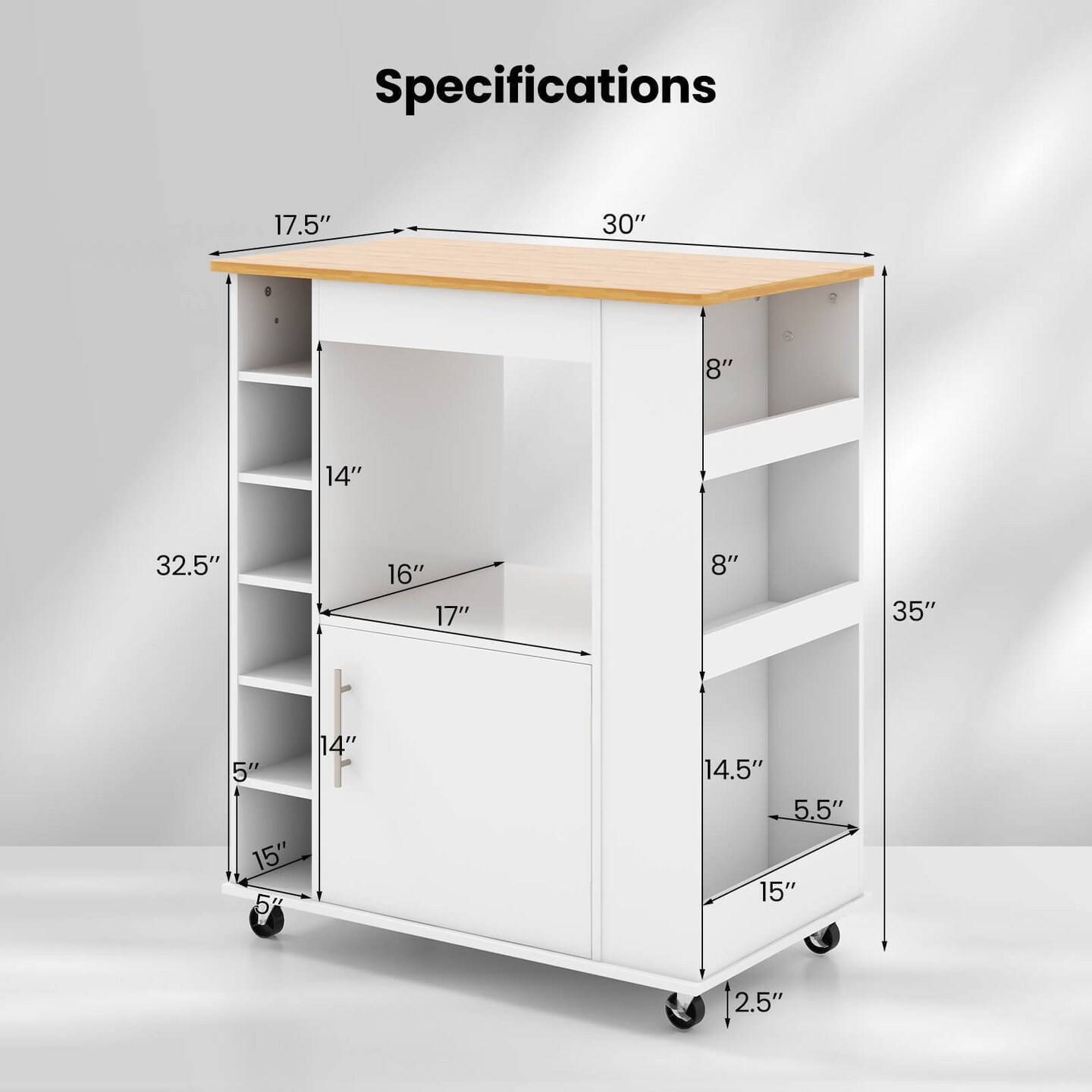 White Kitchen Cart On Wheels With Wicker Top And 6-Bottle Wine Rack Perfect for Home