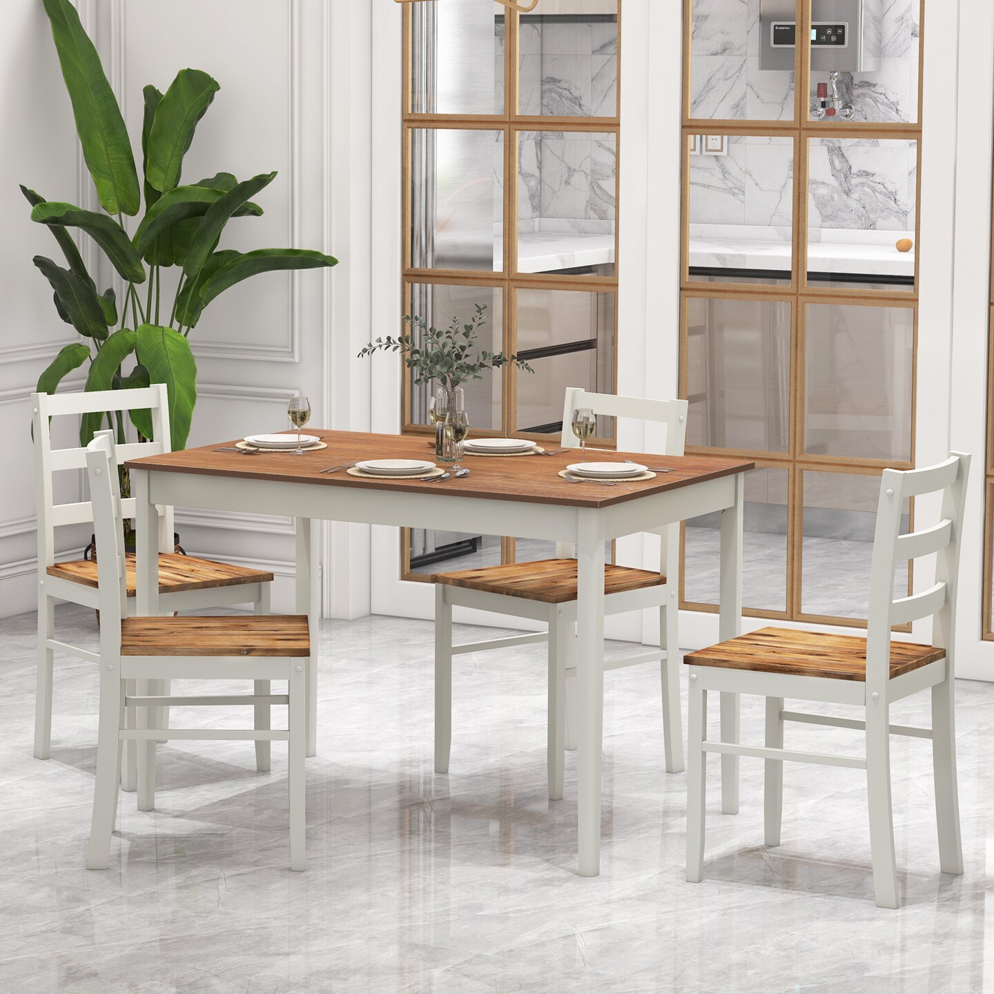 5-piece Wooden Dining Set With Rectangular Table And 4 Chairs-coffee And White