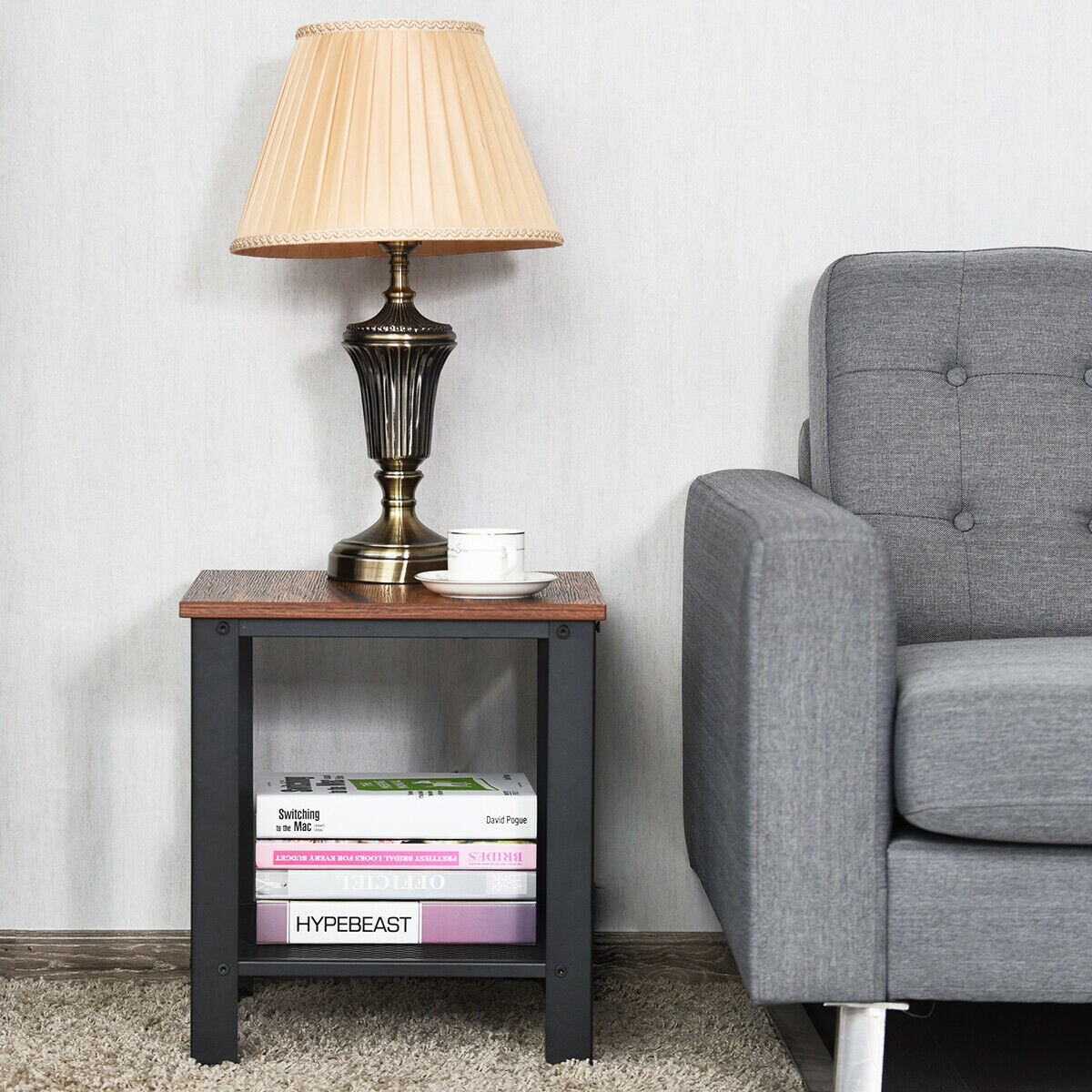Industrial Side Table Wood and Iron End Table with Mesh Shelf Bedside Table Black