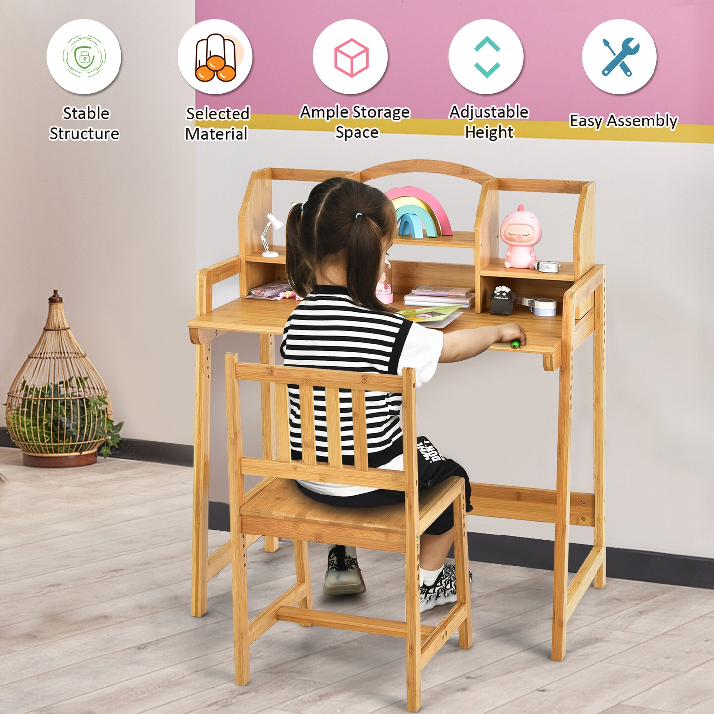 Wicker Kids Study Desk and Chair Set with Bookshelf