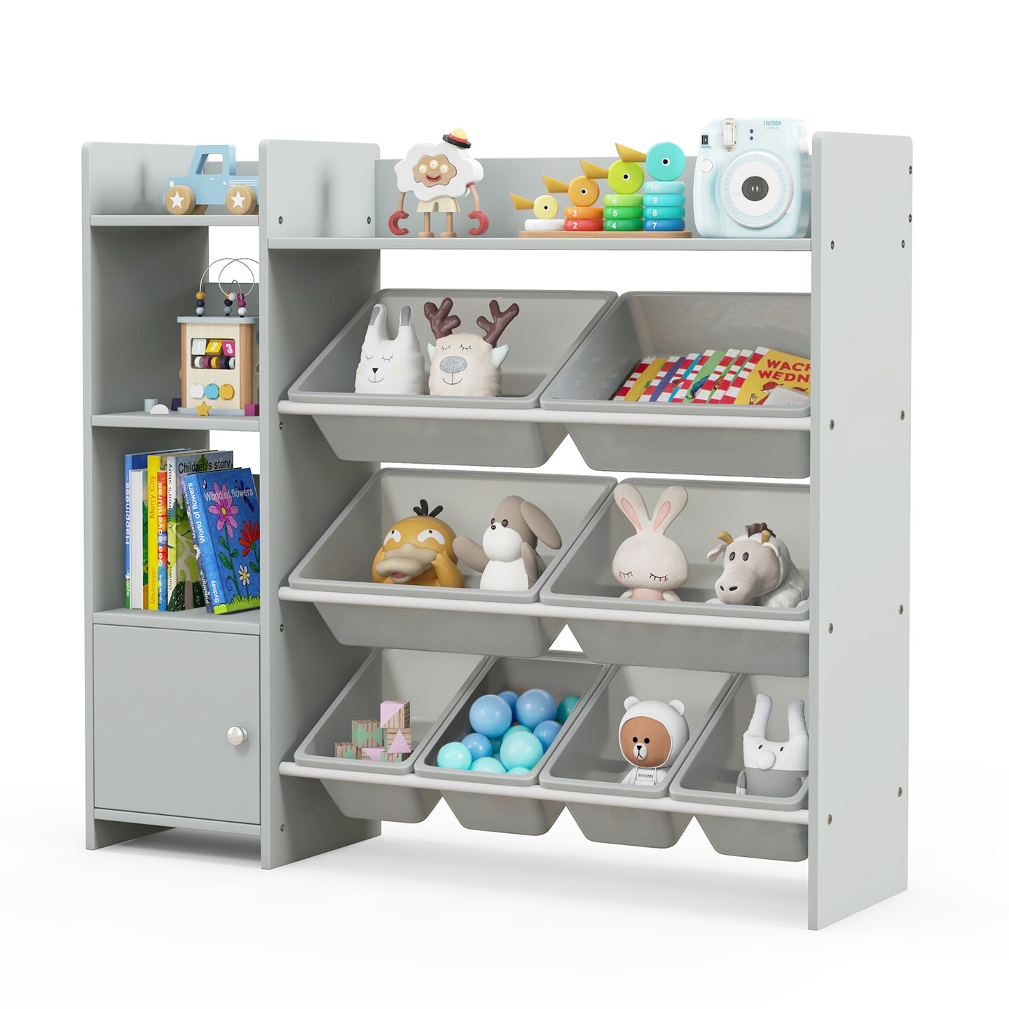 4-Tier Kids Bookshelf and Toy Storage Rack with 8 Toy Organizer Bins-Grey - 44.5&#x22; x 12&#x22; x 39.5&#x22;