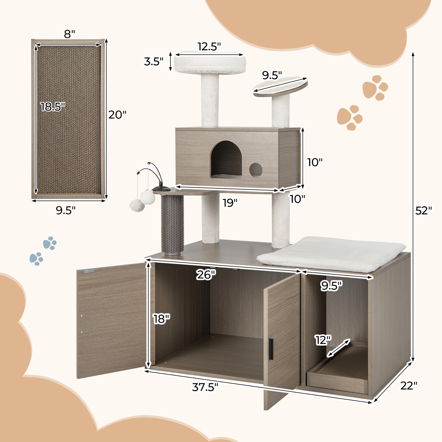 2-in-1 Modern Cat Tower With Litter Box Enclosure For Indoor Cars-gray