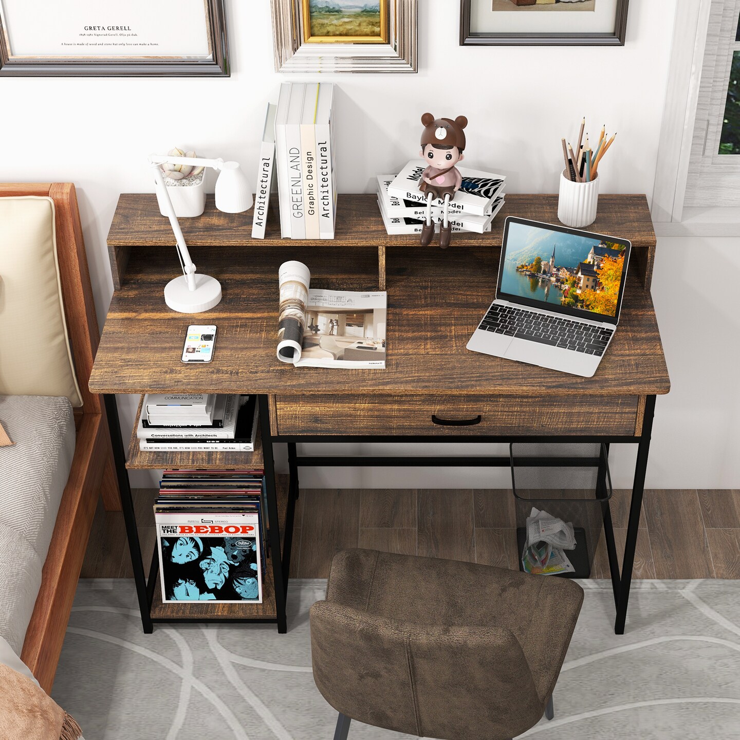 48 Inch Computer Desk With Monitor Stand Drawer And Shelves-Rustic Brown