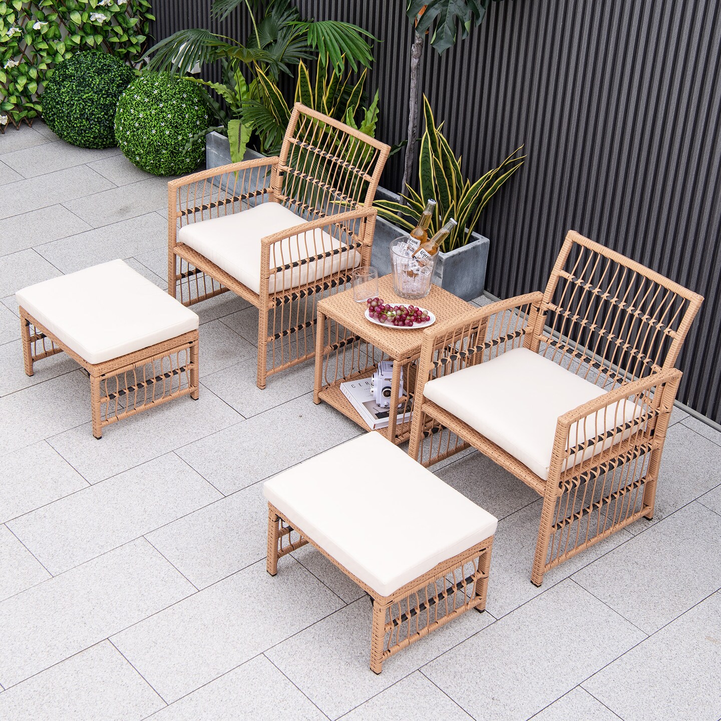5 Piece Patio Wicker Sofa Set With Seat And Back Cushions-Natural