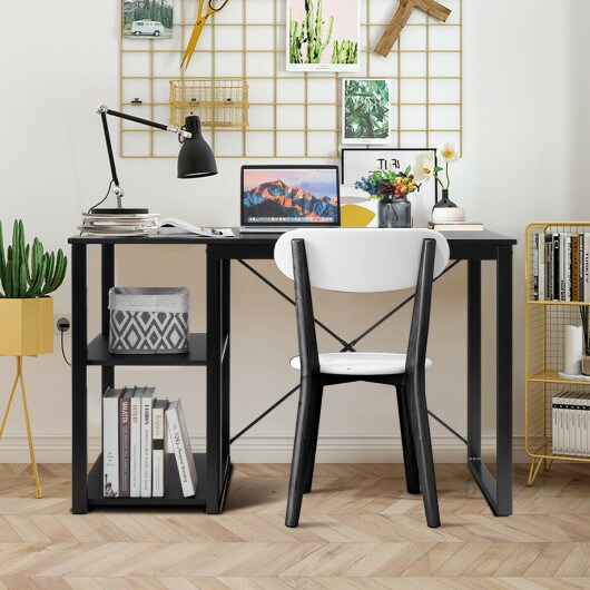 Computer Desk with Wicker Top &#x26; 2 Storage Shelves-Black Desk