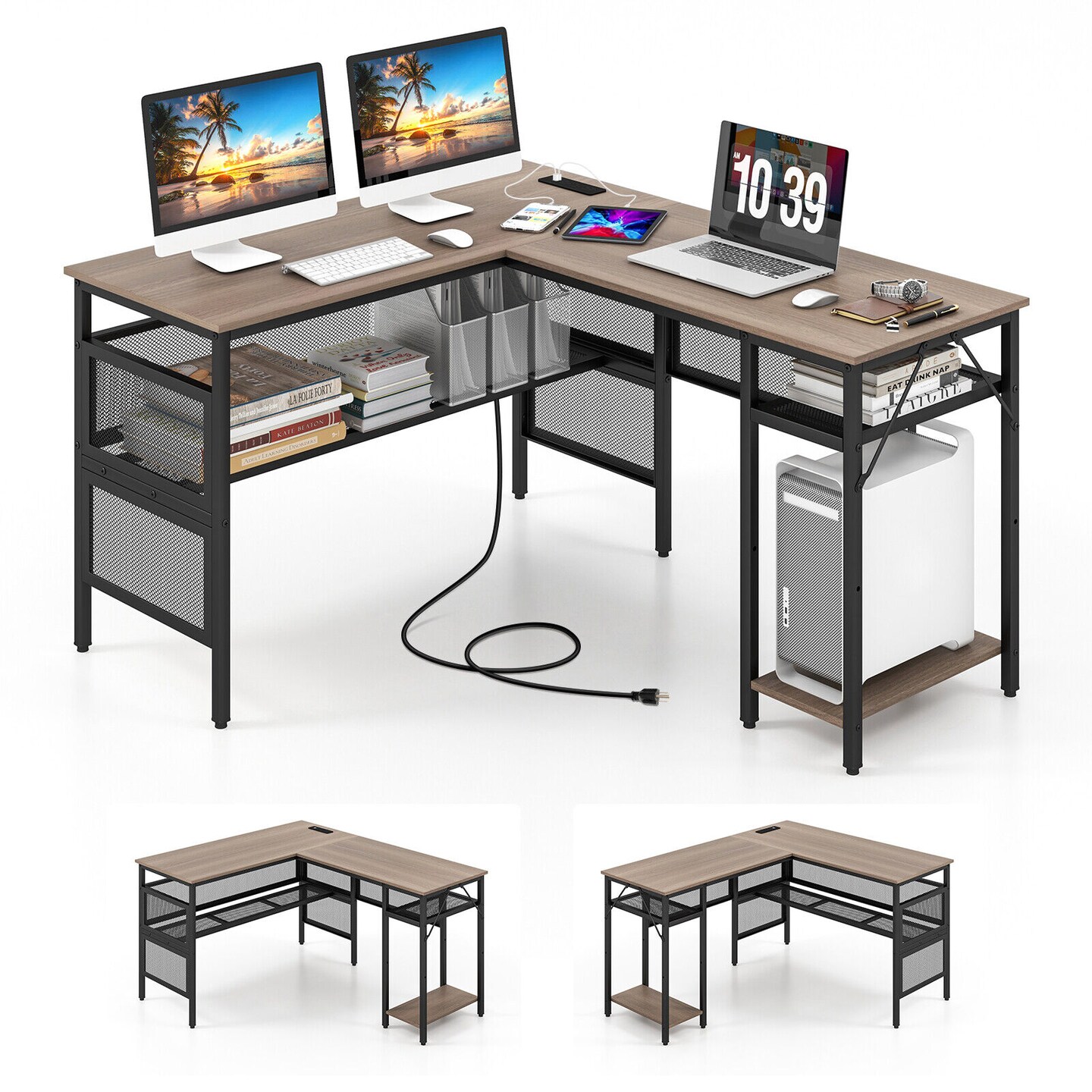L-shaped Computer Desk With Charging Station And Adjustable Shelf-Grey