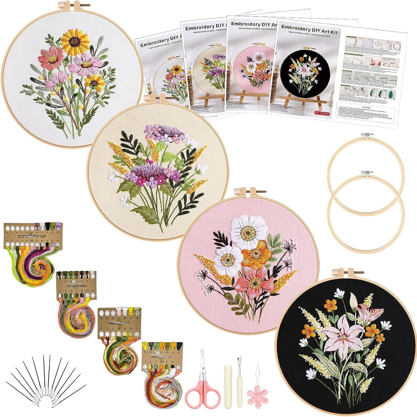 Embroidery Starters Kit with Pattern for Beginners, 4 Pack Cross Stitch Kits, 2 Wooden Embroidery Hoops,Scissors,Needles and Color Threads,Needlepoint Kit for Adults