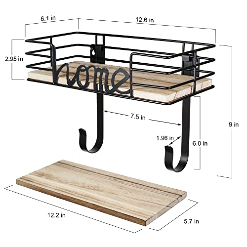 Ironing Board Hanger Wall Mount with Large Storage Wooden Base Basket and Removable Hooks (Black) For Laundry Room