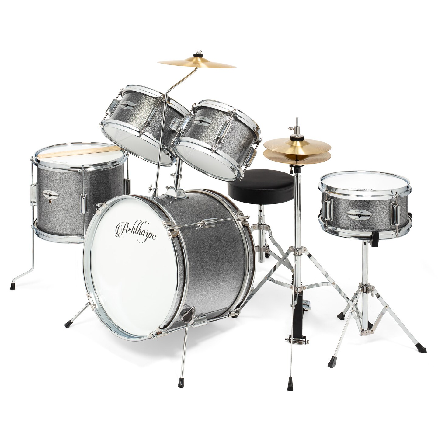 Ashthorpe 5-Piece Complete Junior Drum Set with Genuine Brass Cymbals - Advanced Beginner Kit with 16" Bass, Adjustable Throne, Cymbals, Hi-Hats, Pedals & Drumsticks