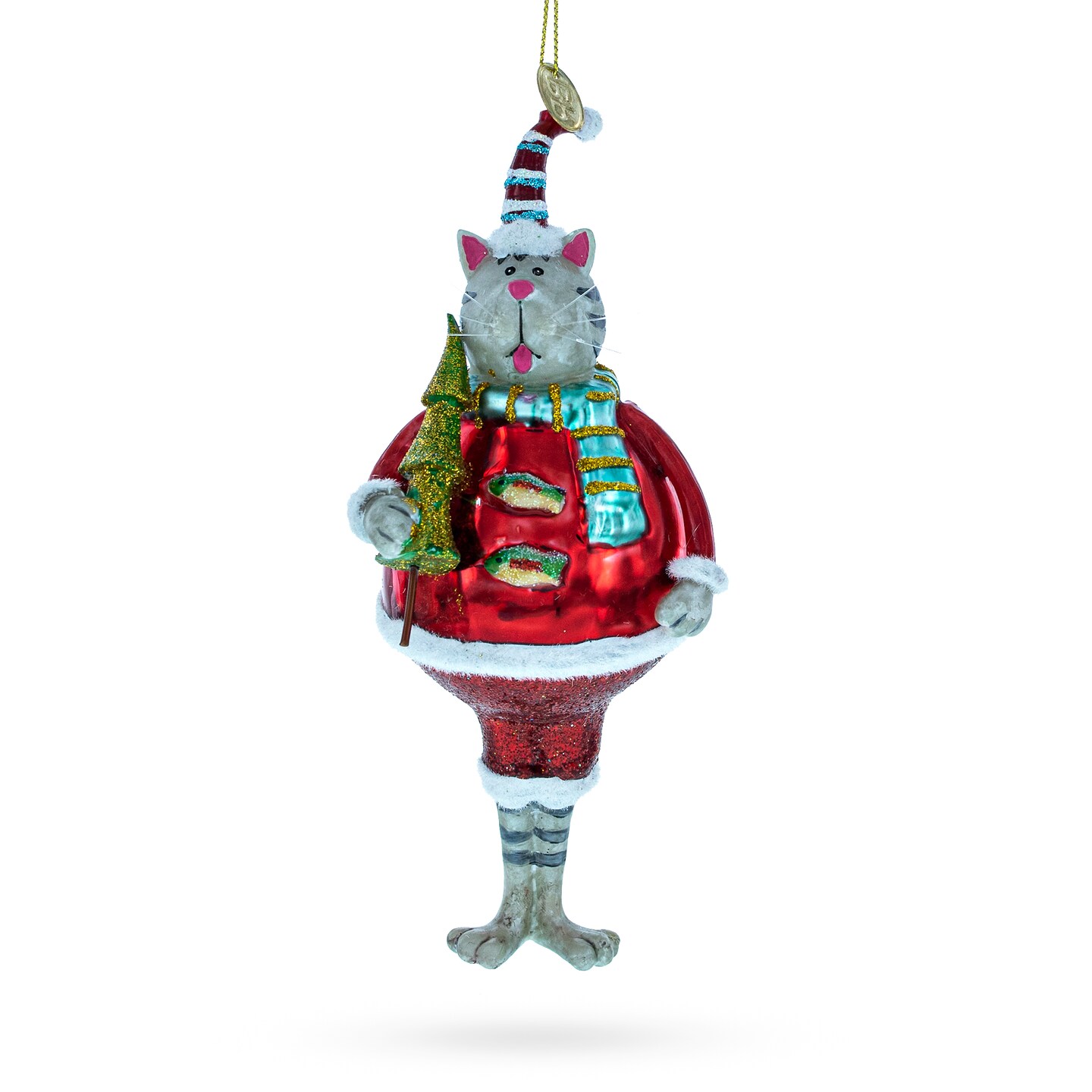 Cat in Fur Hat with Christmas Tree Glass Christmas Ornament