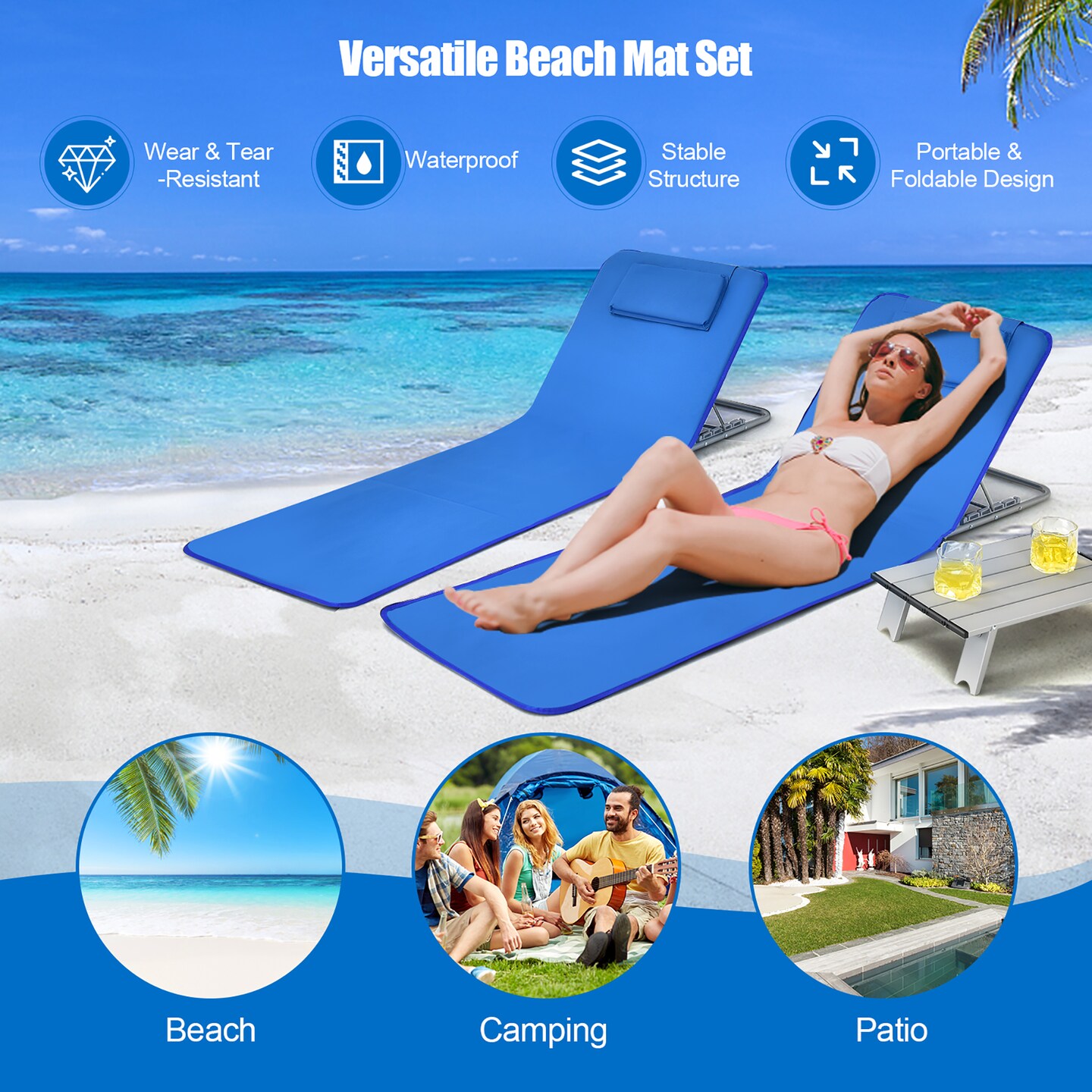 Costway 3-Piece Beach Lounge Chair Mat Set 2 Adjustable Lounge Chairs with Table Blue\Stripe