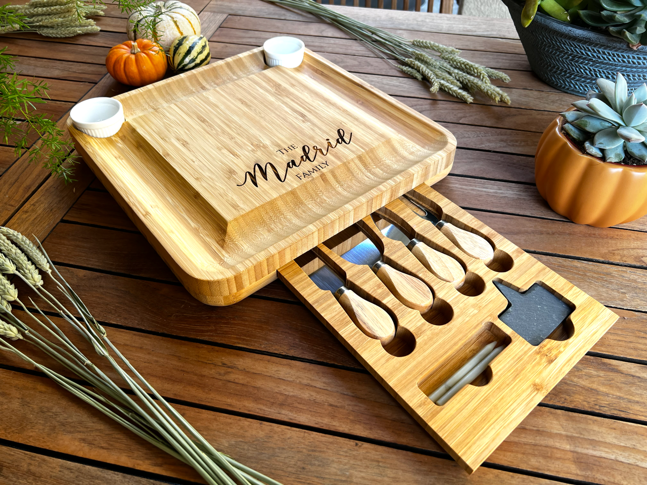Picnic At Ascot Personalized Bamboo Cheese Board With Knives - Monogrammed, Spiral Design, Made In USA (Lifetime Warranty)