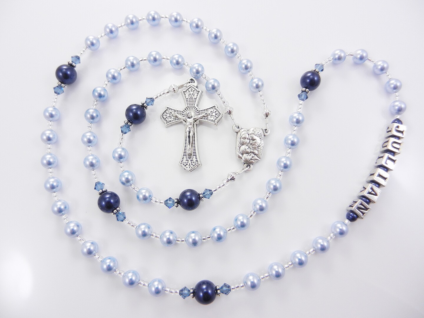 Boy's Navy good Blue & Dark Gray Pearl Personalized Rosary for Baptism or First Communion