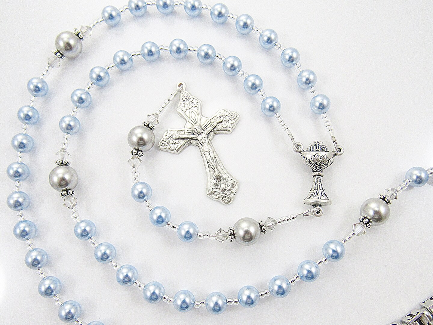 Baptism Rosary for a Baby Boy Christening Gift - Personalized Rosary for Boys First Communion Gift, Confirmation - Light Blue and Gray - image7